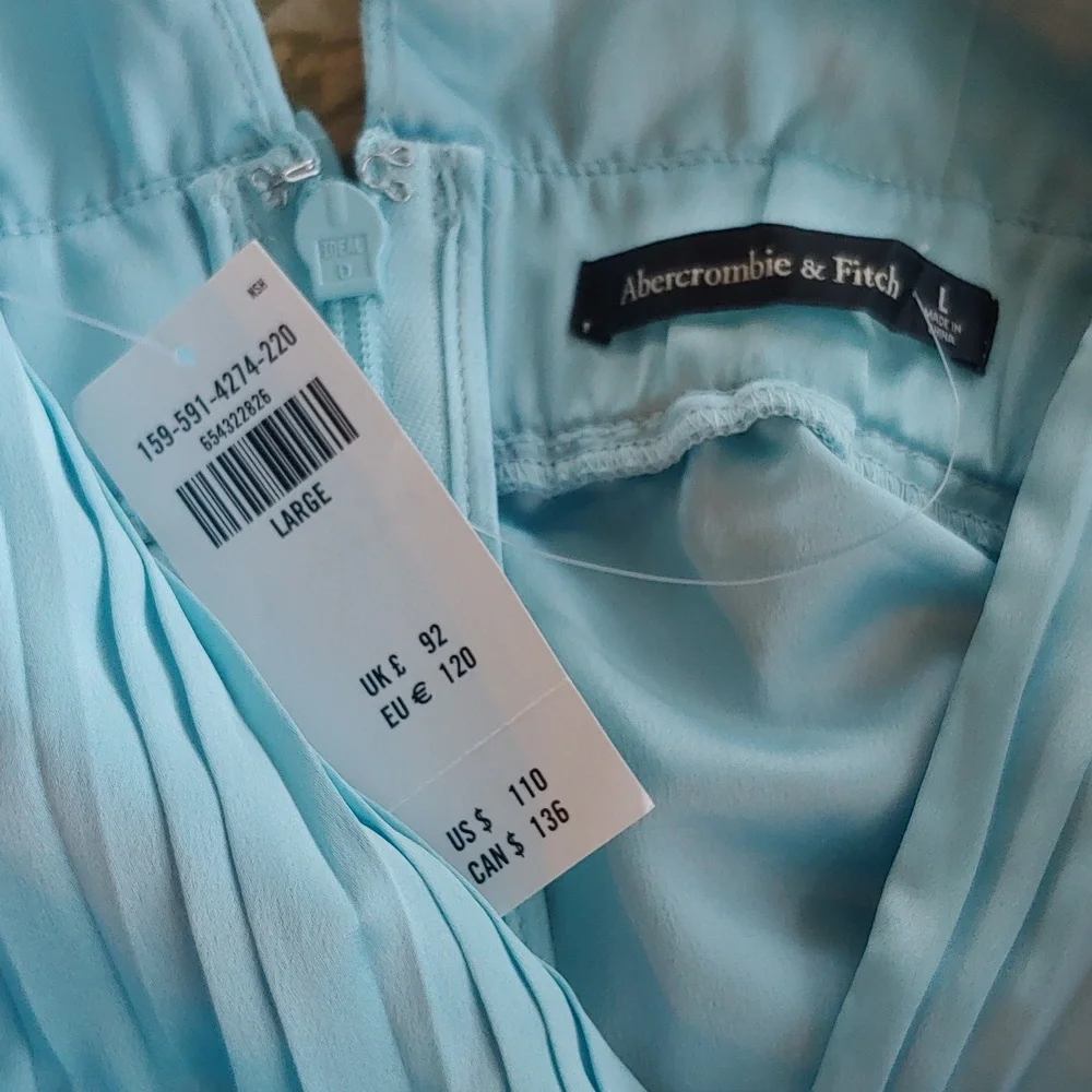 Abercrombie & Fitch Plunge Satin Pleated Formal Dress Sky Blue Women's Large NWT - Picture 6 of 17